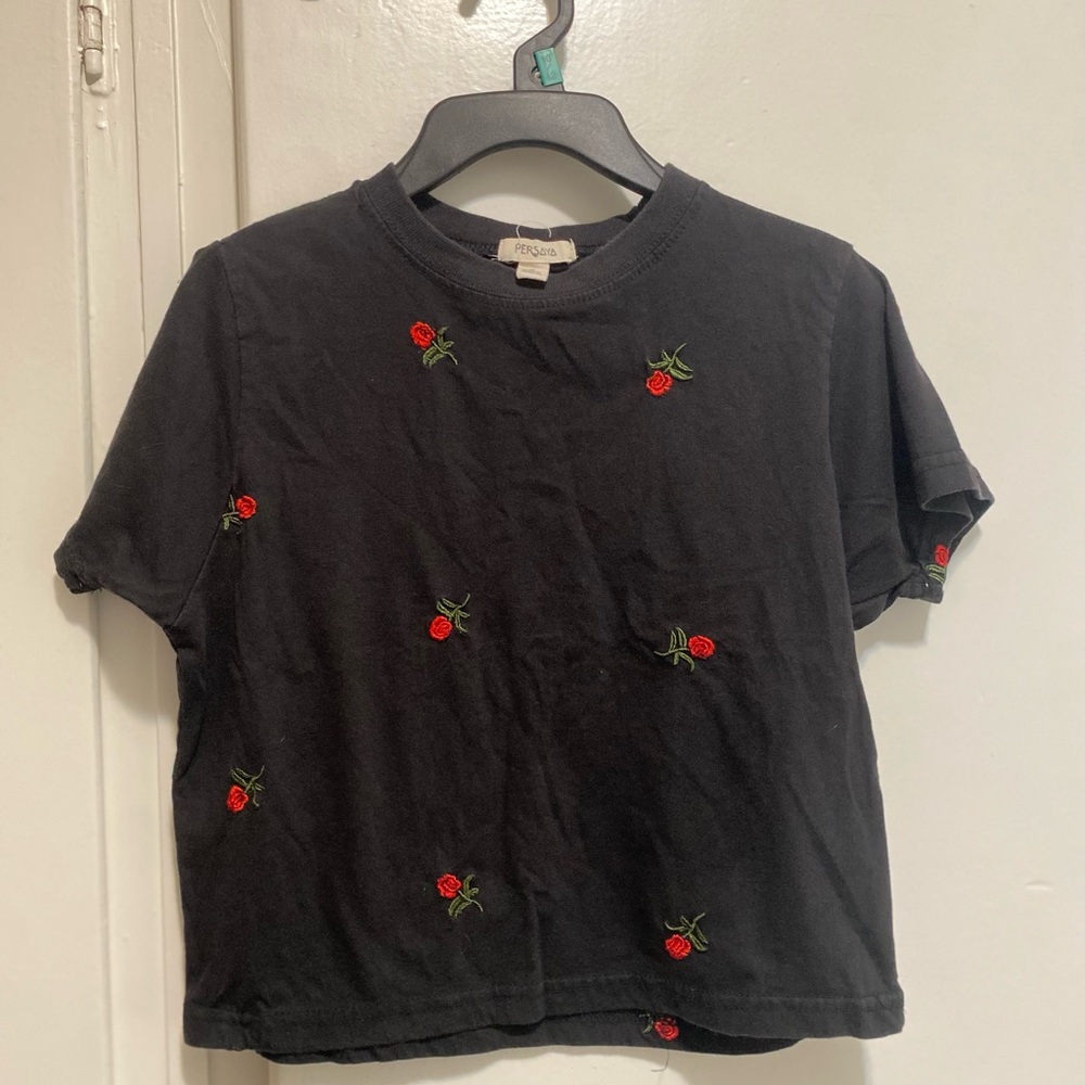 Persaya Black crop top with Red Rose Embroidery